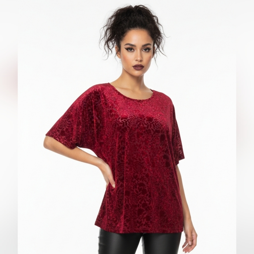Vintage Lane Bryant Tee Velour Flocked Sheer Goth Whimsigoth Burnout Red 26/28